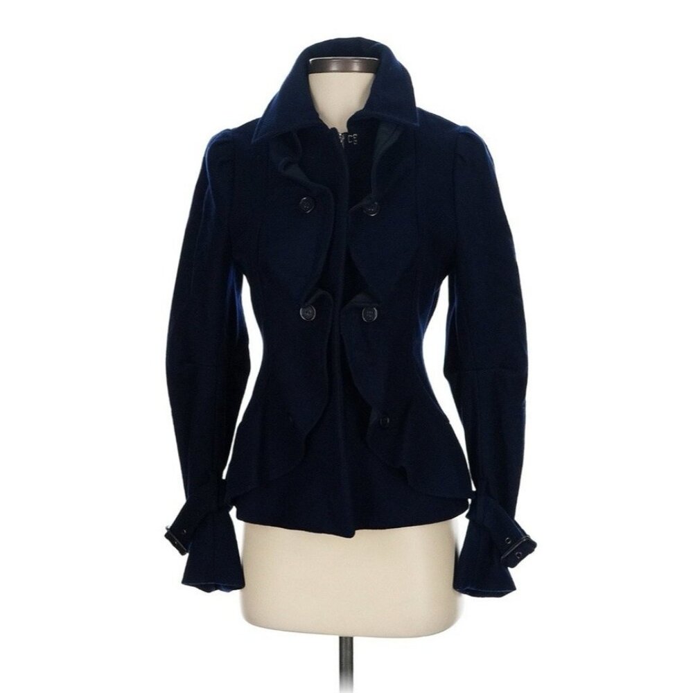 BCBGMaxAzria Wool Cashmere Blend Zip Front Pea Coat XS Navy Blue Ruffle Buttons